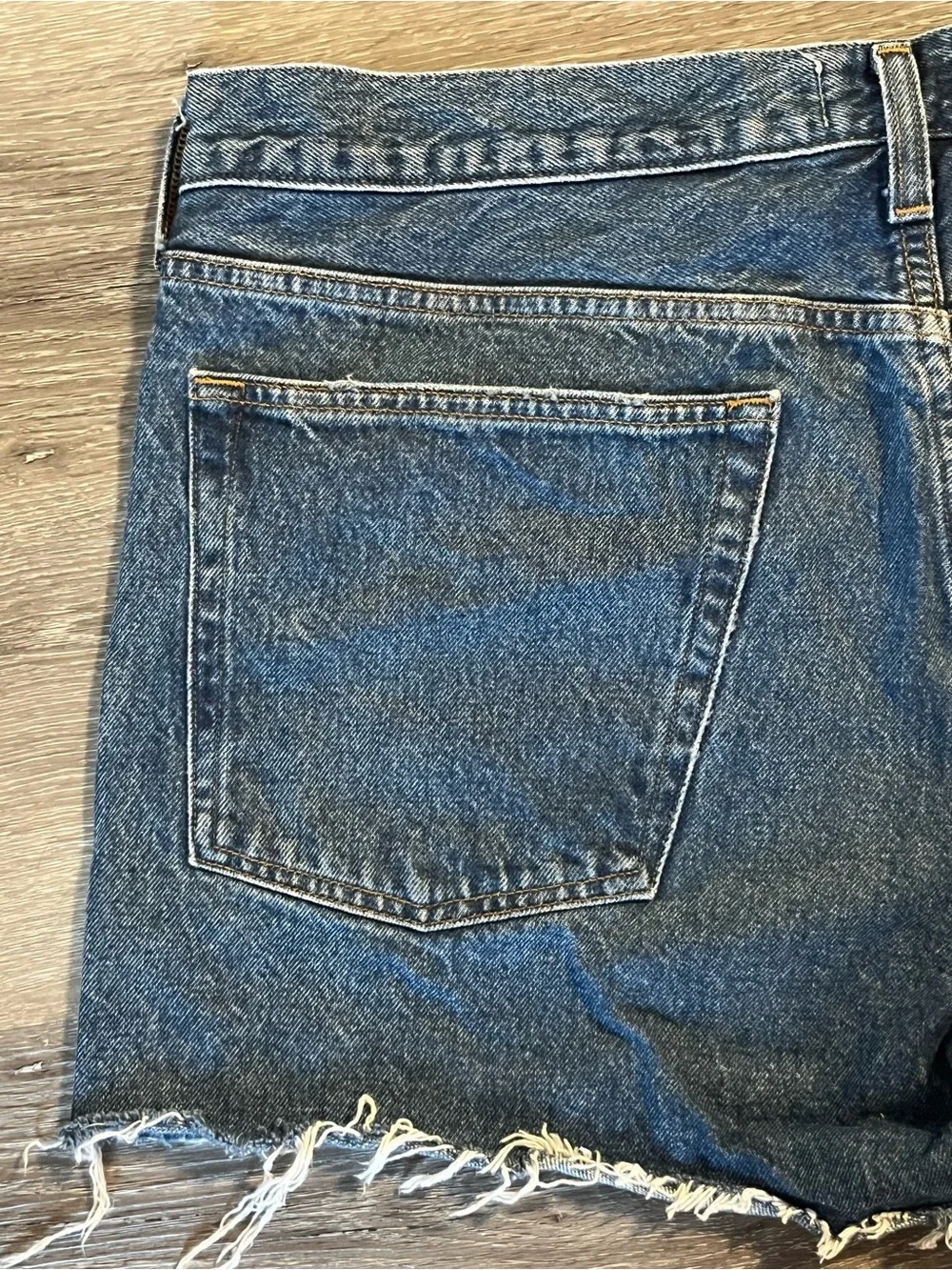 AGOLDE Blue Parker Long Denim Shorts Size 34 Raw Hem Distressed Organic Cotton